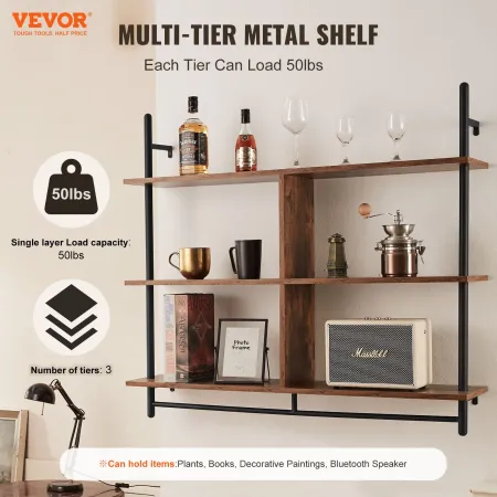 Industrial Pipe Shelf, 3 Tier 41.5x9.84in, Wall-Mount Floating Rustic Wood Shelves Bracket Display Bookshelf, Storage Rack Sundr