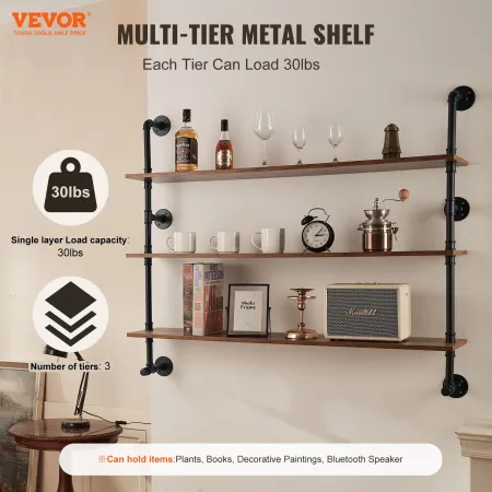 Industrial Pipe Shelf, 3 Tier 48x9.84in, Wall-Mount Floating Rustic Wood Shelves Bracket Display Bookshelf, Storage Rack Sundrie