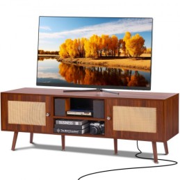 Rattan TV Stand for 65" TV Boho TV Stand with Build-in Socket Walnut