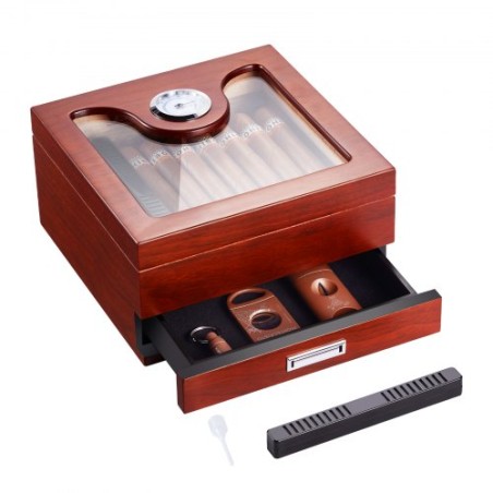 35 Cigar Humidor Glasstop Cedar Cigar Box Humidifier & Hygrometer & Drawer