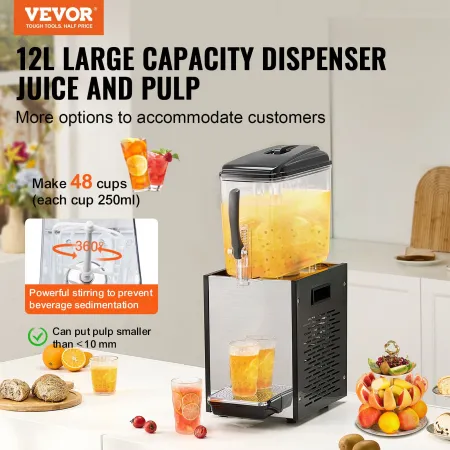 Commercial Beverage Dispenser, 12 L Juice Dispenser, 246W 304 Stainless Steel Food Grade Ice Tea Drink Machine with 45°F-54°F Co
