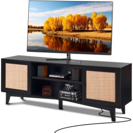 Rattan TV Stand for 75" TV Boho TV Stand with Build-in Socket Black