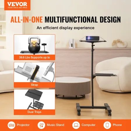 Projector Stand with Wheels, Projector Floor Stand Adjustable Height from 22.8 to 57.3 in, Projector Mount with 2 Trays, Ideal f