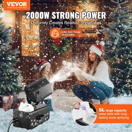 Snow Machine, 2000W, Swing Snow Making Machine with 5L Tank, Wired & Wireless Remote Control Snowflake Maker, High Output Indoor