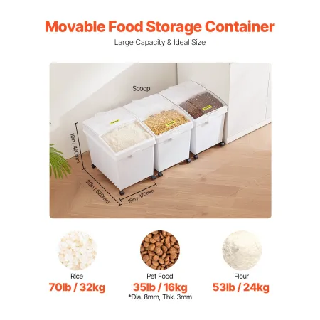 Ingredient Bin, 33.3 L Capacity Ingredient Storage Bin, PP Material Flour Bins On Wheels, White Shelf Ingredient Bin with Scoop 