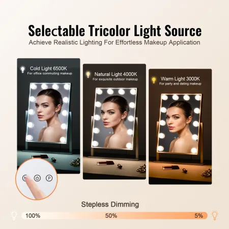 Hollywood Vanity Mirror With Lights, 12 Dimmable Bulbs & 3 Color Lighting Modes, Makeup Mirror with Detachable 5X Magnification,