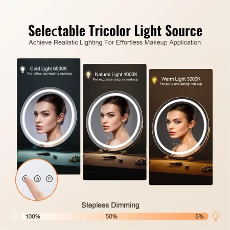 20” Vanity Mirror With Lights, LED Makeup Mirror 3 Color Lighting Modes, with 5X Magnification Mirror, Smart Touch Control, 360°