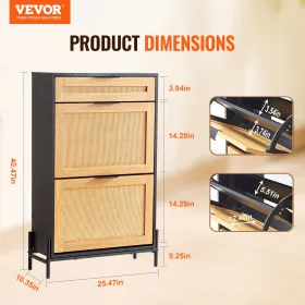 Rattan Shoe Cabinet Shoe Organizer 2 Flip Drawers & 1 Slide Drawer Black