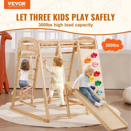 Indoor Jungle Gym, 7-in-1 Toddler Indoor Playground, Wooden Toddler Climbing Toys Indoor with Wood & Rope Ladder, Net Ladder, Sw