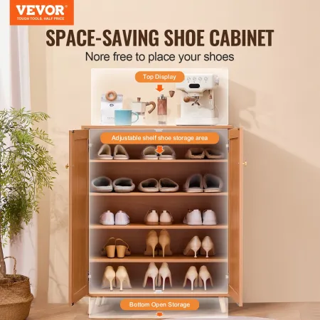 Rattan Shoe Cabinet, 5 Tiers Shoe Storage Organizer with 2 Doors and Adjustable Shelves, 40.35" Tall Rattan Shoe Storage Entrywa