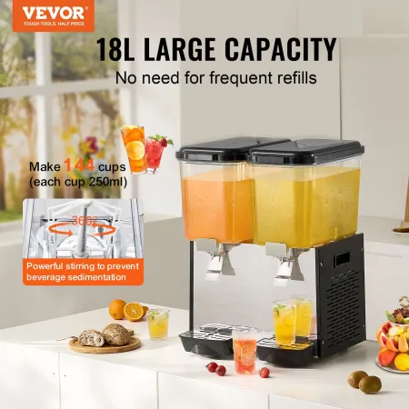 Commercial Beverage Dispenser, 2 Tanks 18 L Per Tank Juice Dispenser, 370W Stainless Steel Ice Tea Drink Machine with 45°F-54°F 