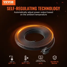 Self-Regulating Pipe Heating Cable 3.7m 16.4W/m Heat Tape with Thermostat