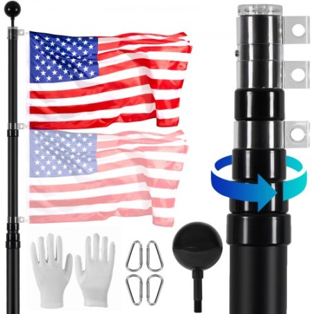 20FT Telescopic Flagpole Kit Heavy Duty Aluminum Flag Pole Black