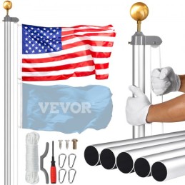 20FT Detachable Flagpole Kit Heavy Duty Aluminum Flag Pole Silver