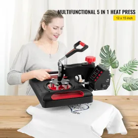 Heat Press Machine 12 x 15 Inch  360Â° Rotation Swing Away Red Heat Press 5 In 1 Heat Press 1000W Sublimation Machine 5 In 1