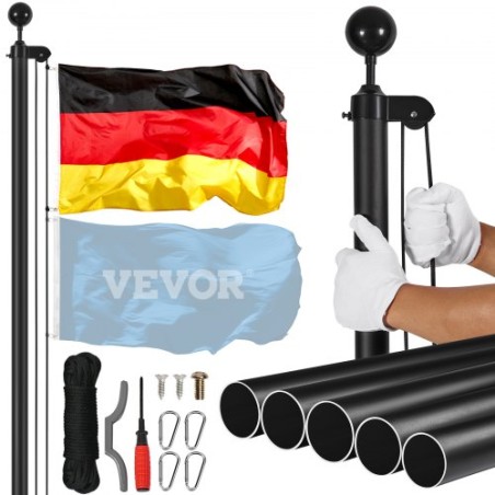 20FT Detachable Flagpole Kit Heavy Duty Aluminum Flag Pole German Black