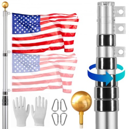 30FT Telescopic Flagpole Kit Heavy Duty Aluminum Flag Pole Silver