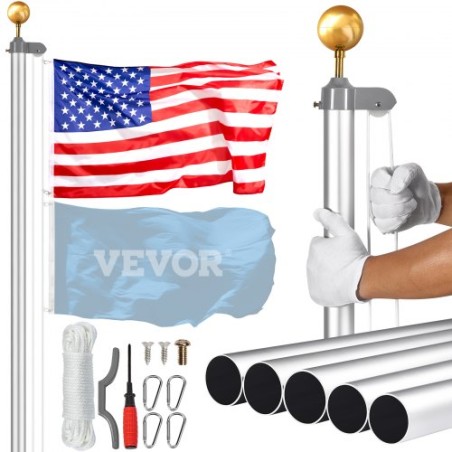 25FT Detachable Flagpole Kit Heavy Duty Aluminum Flag Pole Silver