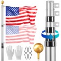 25FT Telescopic Flagpole Kit Heavy Duty Aluminum Flag Pole Silver