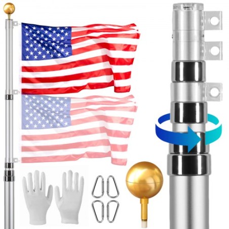 25FT Telescopic Flagpole Kit Heavy Duty Aluminum Flag Pole Silver