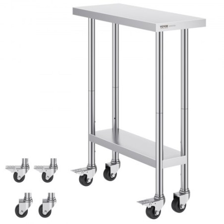 Stainless Steel Work Table Commercial Prep Table 30x12 Inch With 4 Casters