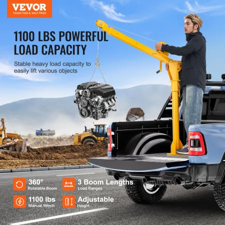 Pickup Truck Crane, Folding Truck-Mounted Bed Crane with 1100 lbs Manual Winch, Steel Pickup Truck Jib Crane Hoist 360 Degrees S