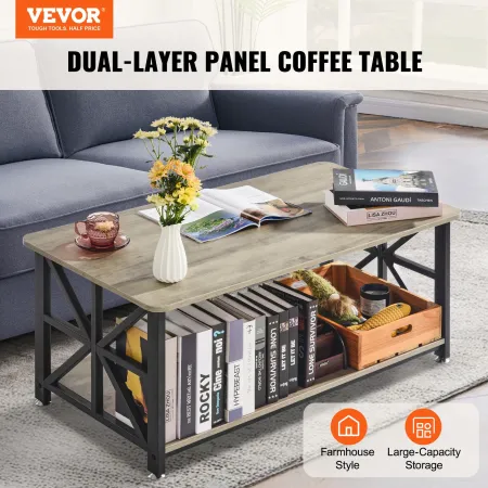 40" Farmhouse Coffee Table, Rectangle Coffee Table with Open Storage Compartment, Wooden Rustic Cocktail Table for Living Room, 