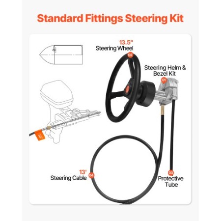 Outboard Steering System 13\' Outboard Rotary Steering System 13 Feet Boat Steering Cable with 13" Wheel Durable Marine "