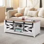 48" Farmhouse Coffee Table, Rectangle Coffee Table with 2 Sliding Barn Doors, 2 Tiers Wooden Rustic Table with Removable Shelves