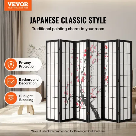 Room Divider, 6 Panel Japanese Room Divider Screen, Wood Folding Privacy Screen Indoor, Japanese Partition Portable Decoration D