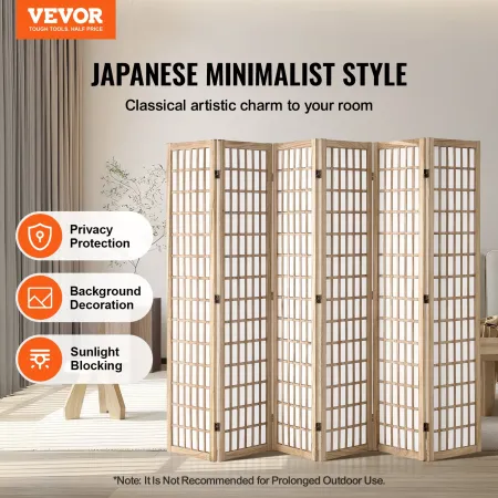 Room Divider, 6 Panel Japanese Room Divider, Wood Folding Privacy Screen Indoor, Japanese Partition Dividers Portable Decoration