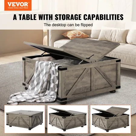 36" Farmhouse Coffee Table, Hinged Square Coffee Table with Large Storage Compartment, Wooden Rustic Cocktail Table for Living R