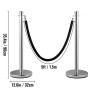 Crowd Control Stanchion, Sæt med 2 stykker Stanchion Set, Stanchion Set med 5 ft/1,5 m sort fløjlstop, sølv crowd control
