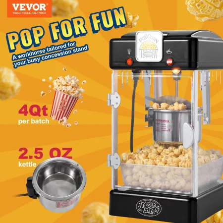 Popcorn Maker, 300W Popcorn Popper Machine, 2.5 Oz Kettle Makes 4 QT per Batch, Tabletop Popcorn Maker with PP Door, Includes 2 