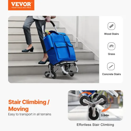 Stair Climber Trolley Dolly, 36L Folding Shopping Cart, Grocery Cart Trolley Laundry Stair Climbing Handcart with 6 Wheels & Oxf