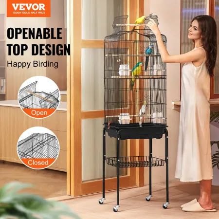 Large Bird Cage, 62 in, Open Top Parakeet Cage with Rolling Stand, Steel Bird Flight Cage with Removable Tray, Budgie Birdcage w