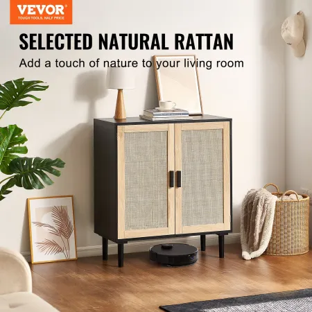 Rattan Cabinet, Rattan Storage Cabinet with 2 Magnetic Doors and Adjustable Shelves, Sideboard Buffet Cabinet for Hallway, Entry