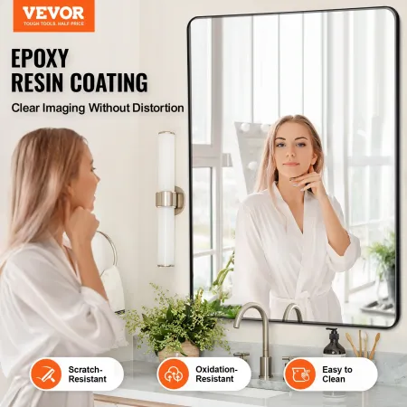 Wall Mounted Makeup Mirror, 0.15" Thick, 36" x 48" Mirror with Aluminium Alloy Frame & Explosion-Proof Film, Scratch-Resistant M