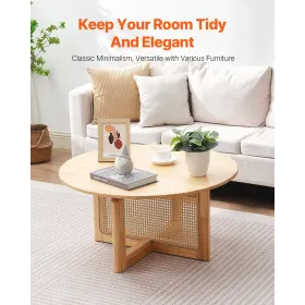 Rattan Coffee Table Round Wood Coffee Table Single Tier for Living Room