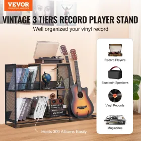 Record Player Stand 3-Tier Metal Turntable Stand With Guitar Store Black