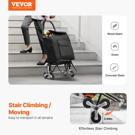Stair Climber Trolley Dolly, 36L Folding Shopping Cart, Grocery Cart Trolley Laundry Stair Climbing Handcart with 6 Wheels & Oxf