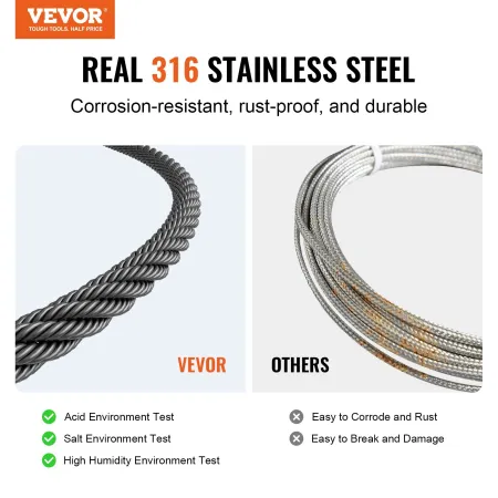 Wire Rope Kit, 1/8" 500 ft 316 Stainless Steel Cable with Cutter and Gloves, 1600 lbs Breaking Strength, 7x7 Strands Core Marine