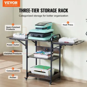 Heat Press Table with Charging Station, 3 Tier Movable Heat Press Stand, Foldable Heat Transfer Machine Stand with Wheels, Rolli