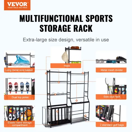 Golf Storage Garage Organizer, 2 Golf Bag Storage Stand Holder and Other Sports Equipment Storage Rack, Outdoor Steel Ball Cart,