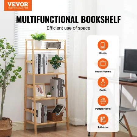 4-Tier Bamboo Ladder Shelf, Trapezoid Open Bookcase, Display Storage Rack Organizer, Freestanding Flower Plant Stand, Ladder Boo