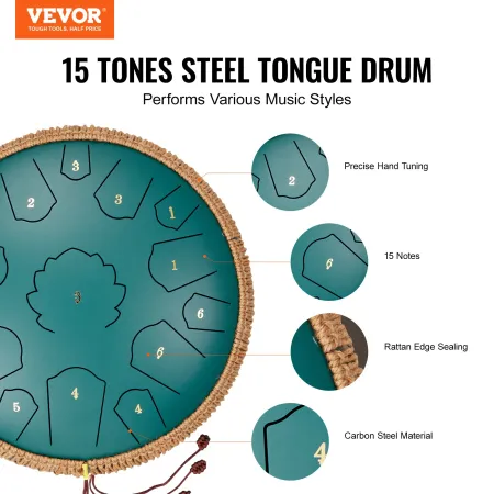 Steel Tongue Drum, 14 in & 15 Notes, Rain Drum for Outside Garden, D Major Key, Tank Drum with 2 Mallets & Carry Bag, Hand Pan D