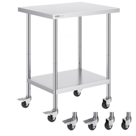 Stainless Steel Work Table Commercial Prep Table 24x30 Inch With 4 Casters