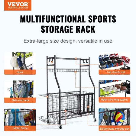 Sports Equipment Garage Organizer, Rolling Ball Storage Cart on Wheels, Basketball Rack with Baskets & Hooks, Indoor/Outdoor Spo