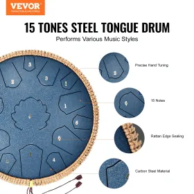 Steel Tongue Drum 14 in 15 Notes Rain Drum for Outside C Major Navy Blue