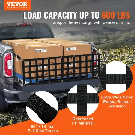 Tailgate Net, 60 in x 18 in, Heavy Duty Cargo Net for Truck Bed with 4 Adjustable Telescopic Straps, Extendable & Durable, Flexi